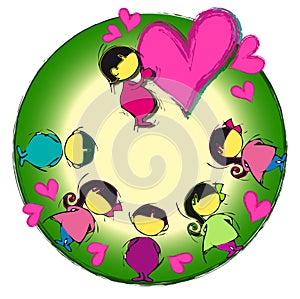 Heart Circle Mandala, Cartoon for Asian Baby Children Diversity