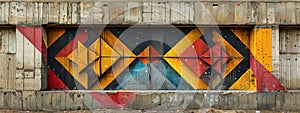 In the heart of the city, a concrete wall becomes a vibrant playground for a mesmerizing colorful fractal geometric pattern. photo