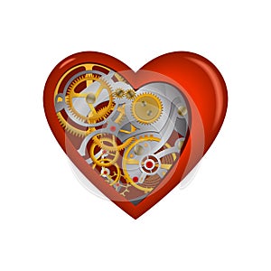 Heart with a clock mechanism inside. Isolated object.