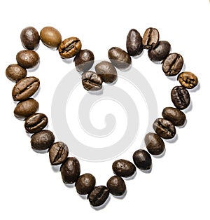 Heart from cofee beans isolated on white background, I love coffee