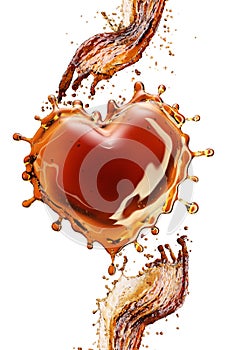 Heart from cola splash with bubbles isolated on white