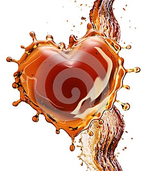 Heart from cola splash with bubbles isolated on white