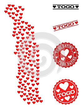 Heart Collage Map of Togo and Grunge Stamps for Valentines