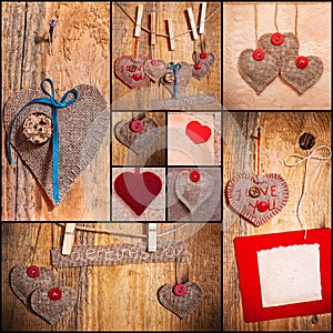Heart collage Valentines love hearts set fabric old paper wood