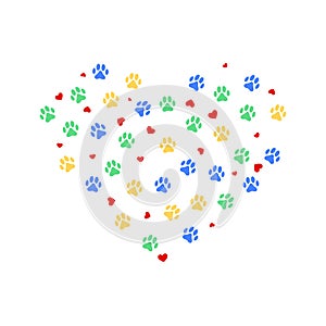 Heart with color animasl paw prints and many hearts. Vector illustration