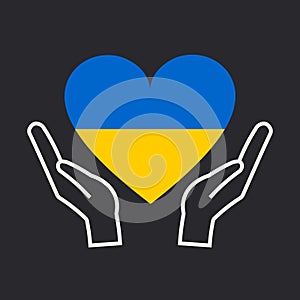 Heart in the colors of the flag of Ukraine in the hands of people. The Peace to Ukraine poster