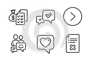 Heart, Communication and Accounting wealth icons set. Forward, Approve and Reject file signs. Vector