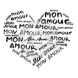 Heart composed of inscriptions in French `mon amour` in the style of craft. Hand painted.