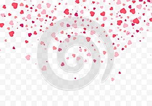 Heart confetti falling down isolated. Valentines day concept. Heart shapes overlay background.