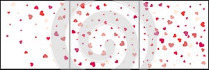 Heart confetti of Valentines petals falling on white background. Flower petal in shape of heart confetti for Women`s Day. Set 3 i