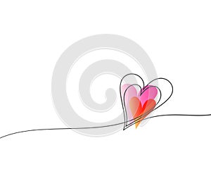 Heart continuous one line drawing, Double heart bright gradient and hand drawn black line, Vector minimalist illustration
