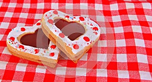 Heart cookies on the red table cloth