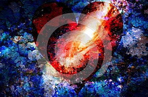 Heart in cosmic space, color cosmic abstract background. crackle effect.