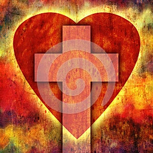 Christian Cross With Heart On Grunge Background