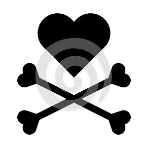 Heart with crossbones black icon. Element for design for holiday Valentine\'s Day. Vector illustration isolated