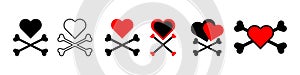 Heart with crossbones icons set. Element for design for holiday Valentine\'s Day. Vector illustration isolated