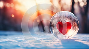 Heart in crystal ball on snowy forest