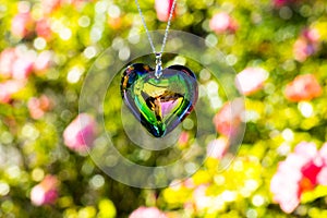 Heart crystal glass refract sunlight - rose garden background