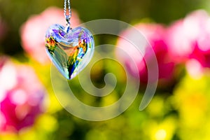 Heart crystal glass refract sunlight - rose garden background