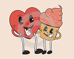 heart and cupcake with eyes, cartoon groovy characters in retro style