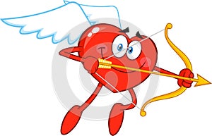 Heart Cupid Cartoon Character Flying With Bow And Arrow