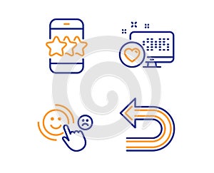 Heart, Customer satisfaction and Star icons set. Undo sign. Social media, Happy smile, Phone feedback. Vector