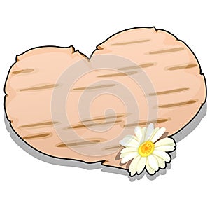 Heart cut out of birch bark decorated with the clover flower isolated on white background. Vector cartoon close-up