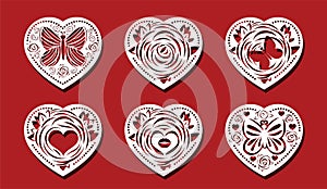 Heart cut on red background for laser cutting. Rose flower  butterfly in heart shape. Air kiss in flower vector illustration