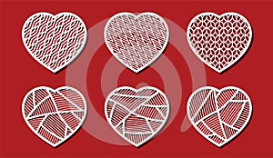 Heart cut on red background for laser cutting. Set of white ornamental hearts. Geometry Pattern in heart shape. Vector