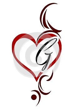 Heart decorated with abstract elements and the letter G, white and red, isolated.