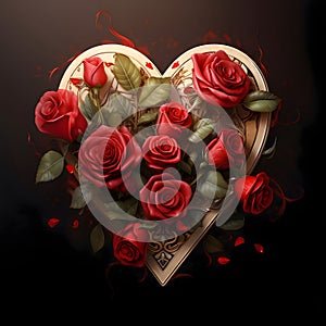 Heart decorated with red roses on a dark background. Heart as a symbol of affection and