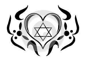 Heart decorated with star of David, Judaism, black and white, isolated,