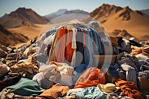 In the heart of the desert, a monument to excess stands tall; used clothes create an unsettling tableau of consumption.