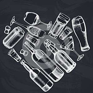 Heart design with chalk glass, champagne, mug of beer, alcohol shot, bottles of beer, bottle of wine, glass of champagne