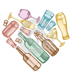 Heart design with pastel glass, champagne, mug of beer, alcohol shot, bottles of beer, bottle of wine, glass of