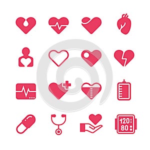 Heart diagnosis and cardiac treatment vector icons. Cardiology red silhouette pictograms