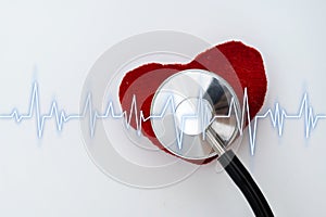 Heart disease concept. Medical stethoscope in the form of a heart rhythm