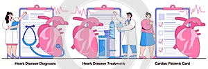 Heart disease diagnosis and treatment, cardiac patient card concept with people character. Cardiovascular illness vector