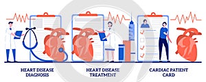 Heart disease diagnosis and treatment, cardiac patient card concept with tiny people. Cardiovascular illness vector illustration