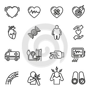 Heart disease, heart attack and symptoms icons set.