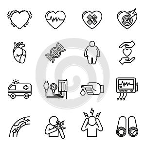 Heart disease, heart attack and symptoms icons set. photo