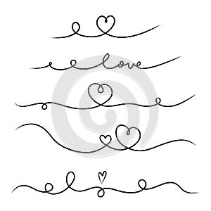 Heart divider set. Hand drawn swirl line borders, hearts and love letters, romantic valentines or wedding decoration, simple style