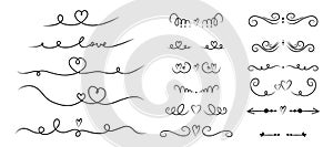 Heart divider set. Hand drawn swirl line borders, hearts and love letters, romantic valentines or wedding decoration, simple style