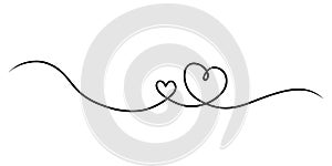 Heart divider set. Hand drawn swirl line borders, hearts romantic valentines or wedding decoration, simple style decor, vector