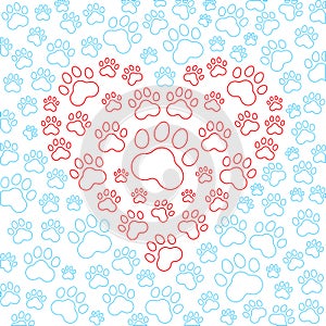 Heart with dog or cat paws background. Vector