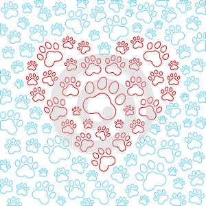 Heart with dog or cat paws background. Vector photo