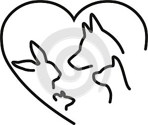Heart with dog, cat, rabbit and mouse, veterinarian logo, animals logo, icon, animal keeper logo, animal keeper icon
