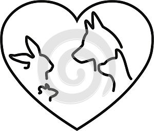 Heart with dog, cat, rabbit and mouse, veterinarian logo, animals logo, icon, animal keeper logo, animal keeper icon