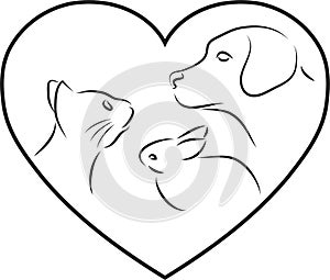 Heart with dog, cat and rabbit, veterinarian logo, animals logo, icon, animal keeper logo, animal keeper icon