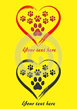 Heart and dog paw prints symbol logo Emblem